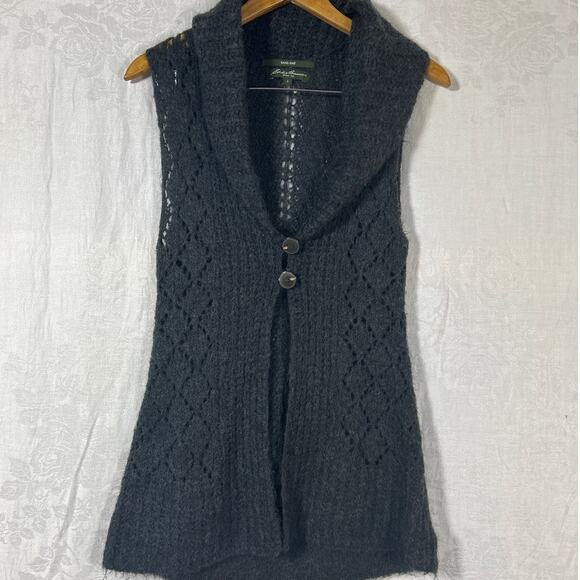 Eddie Bauer Sweater Vest Small Gray Hand Knit Open Mohair Blend Chunky Long - Picture 1 of 12